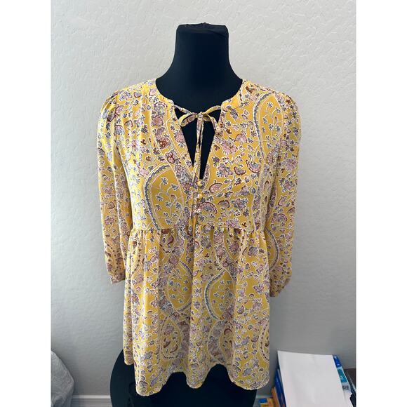 MELLODAY | Yellow Boho Floral Peasant Long Sleeve Babydoll Blouse | Small - Picture 2 of 8